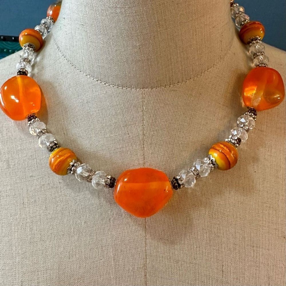 Orange and silver tone chunky necklace